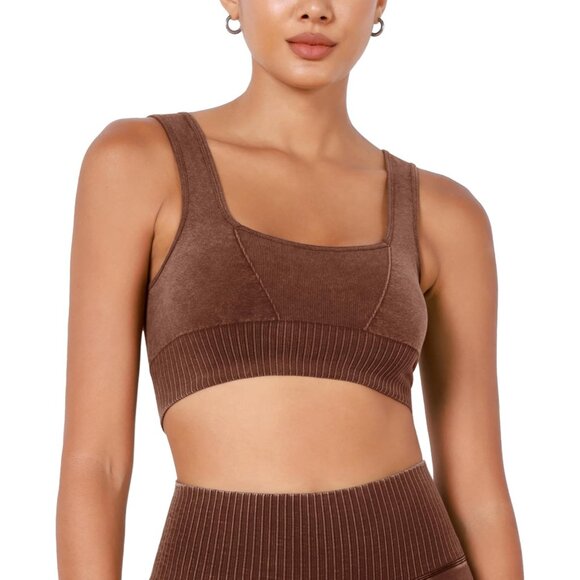 Women's Stone Washing Brown Square Neck Low Back Ribbed Cropped Sports Bra - Picture 1 of 5